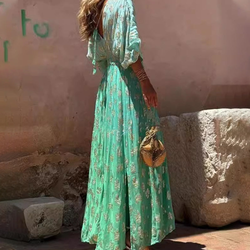 Kvinnors Guld Botanisk Ombre Maxi Kaftan Kvällsklänning