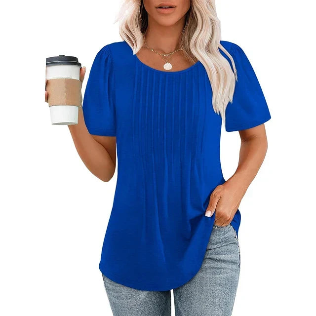 Kvinnors Plisserad Framsida Scoop Neck Kortärmad Topp