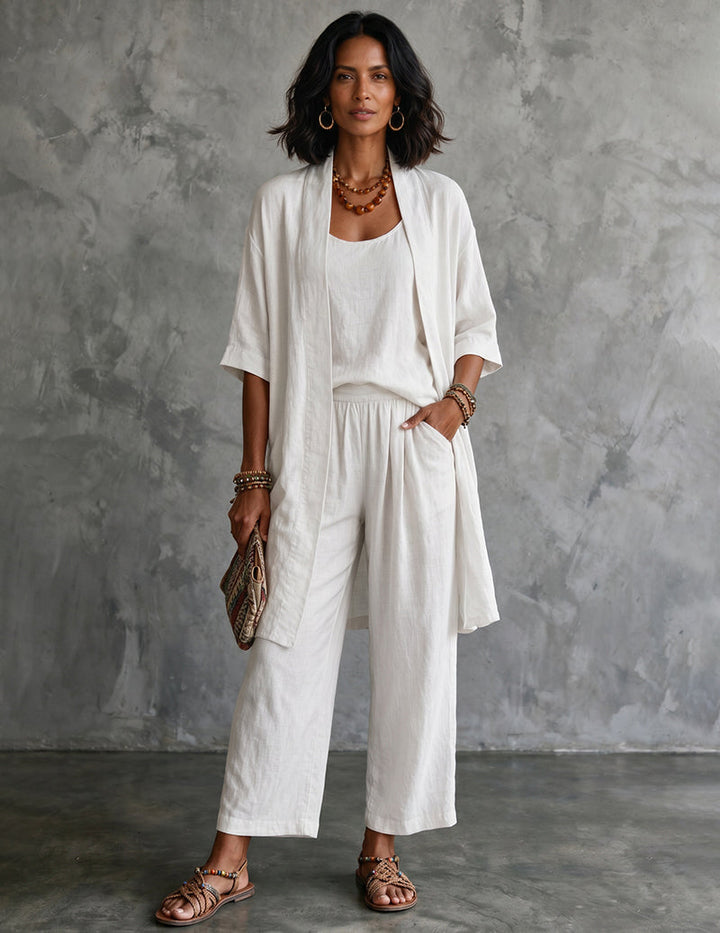 Kvinnors Tre Dela Linne Outfit Set med Lång Cardigan