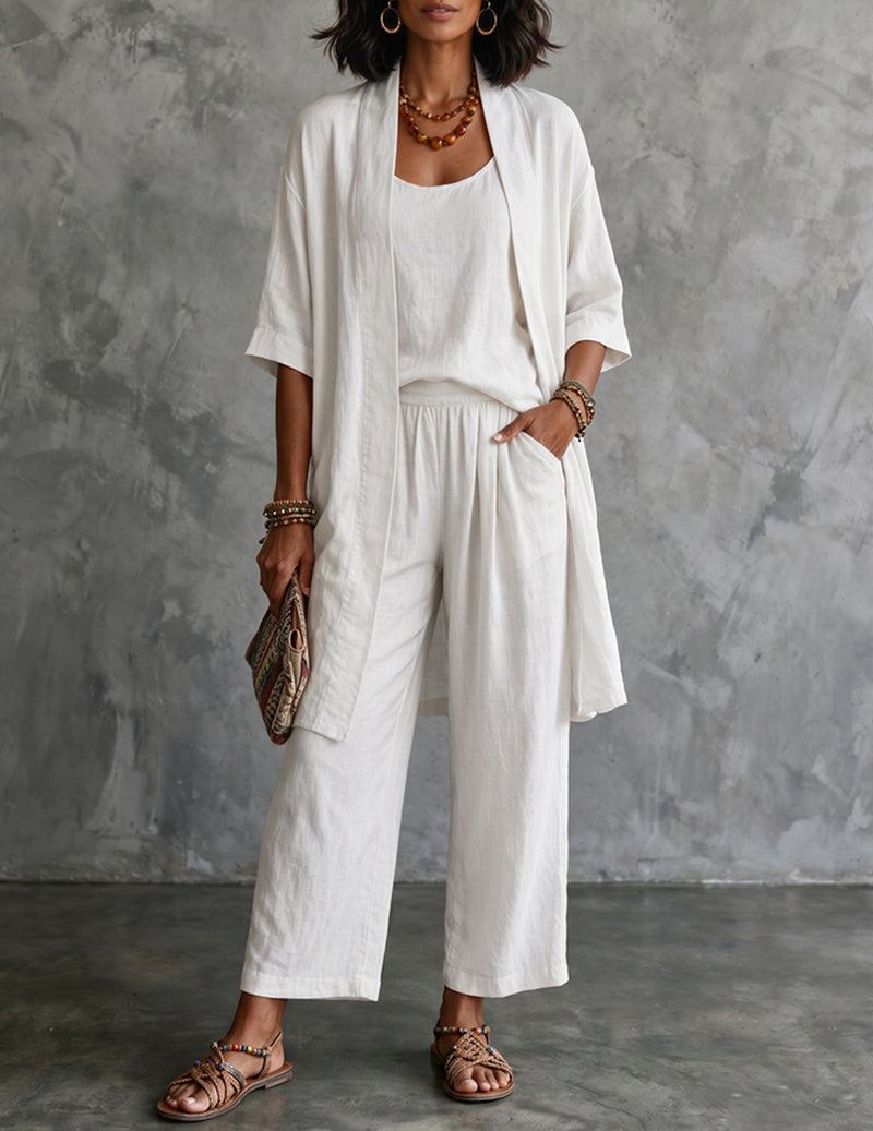 Kvinnors Tre Dela Linne Outfit Set med Lång Cardigan