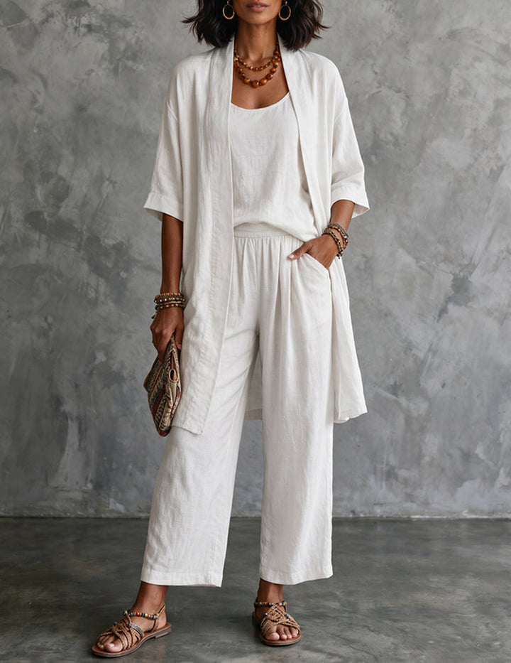 Kvinnors Tre Dela Linne Outfit Set med Lång Cardigan