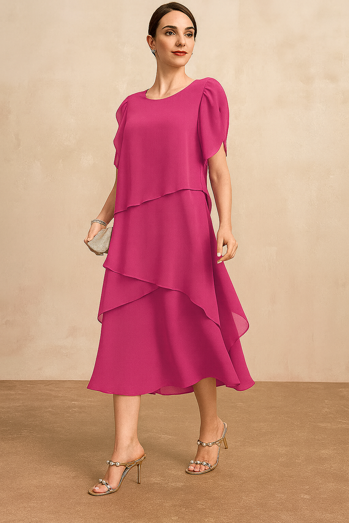 Kvinnors Lager Chiffon Midi Klänning – Flödande Sommar Stil med Korta Ärmar