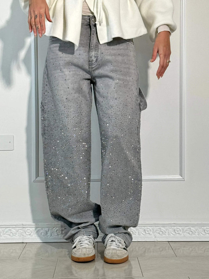 Kvinnors Högmidjade Rak Ben Jeans med Kristalldetaljer – Vintage Denim Look för Året Runt och Enkel Elegans
