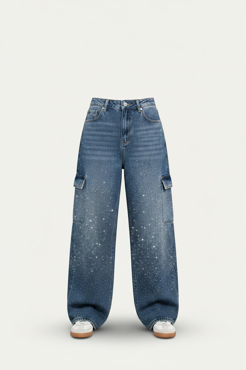 Kvinnors Högmidjade Rak Ben Jeans med Kristalldetaljer – Vintage Denim Look för Året Runt och Enkel Elegans