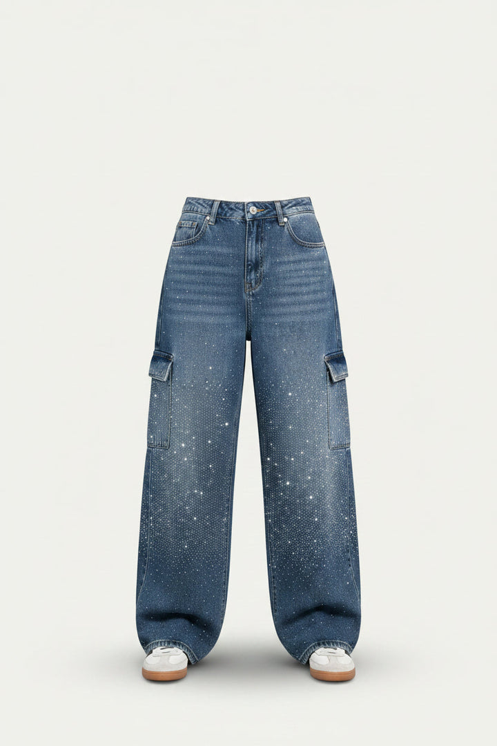 Kvinnors Högmidjade Rak Ben Jeans med Kristalldetaljer – Vintage Denim Look för Året Runt och Enkel Elegans