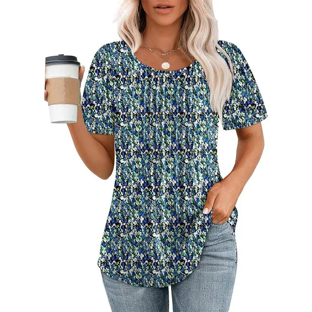 Kvinnors Plisserad Framsida Kort Ärmar Rund Hals T-Shirt