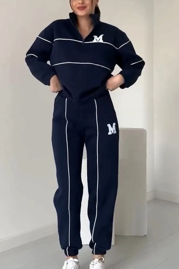 Kvinnors Zip Neck Träningsdräkt med Taperade Joggers