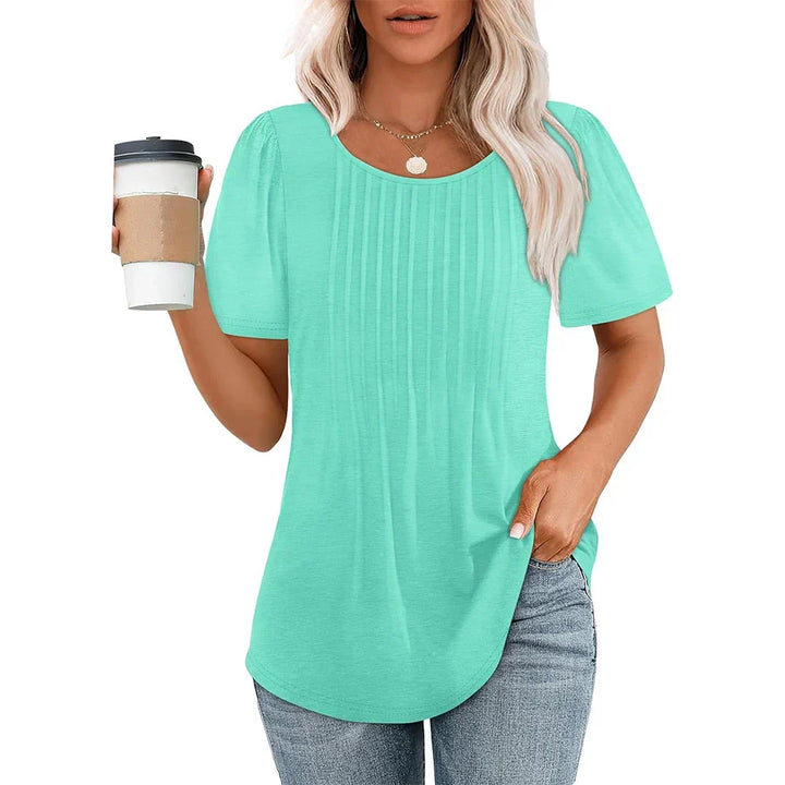 Kvinnors Plisserad Framsida Scoop Neck Kortärmad Topp