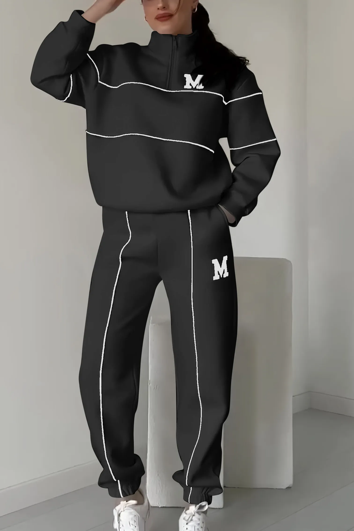 Kvinnors Zip Neck Träningsdräkt med Taperade Joggers