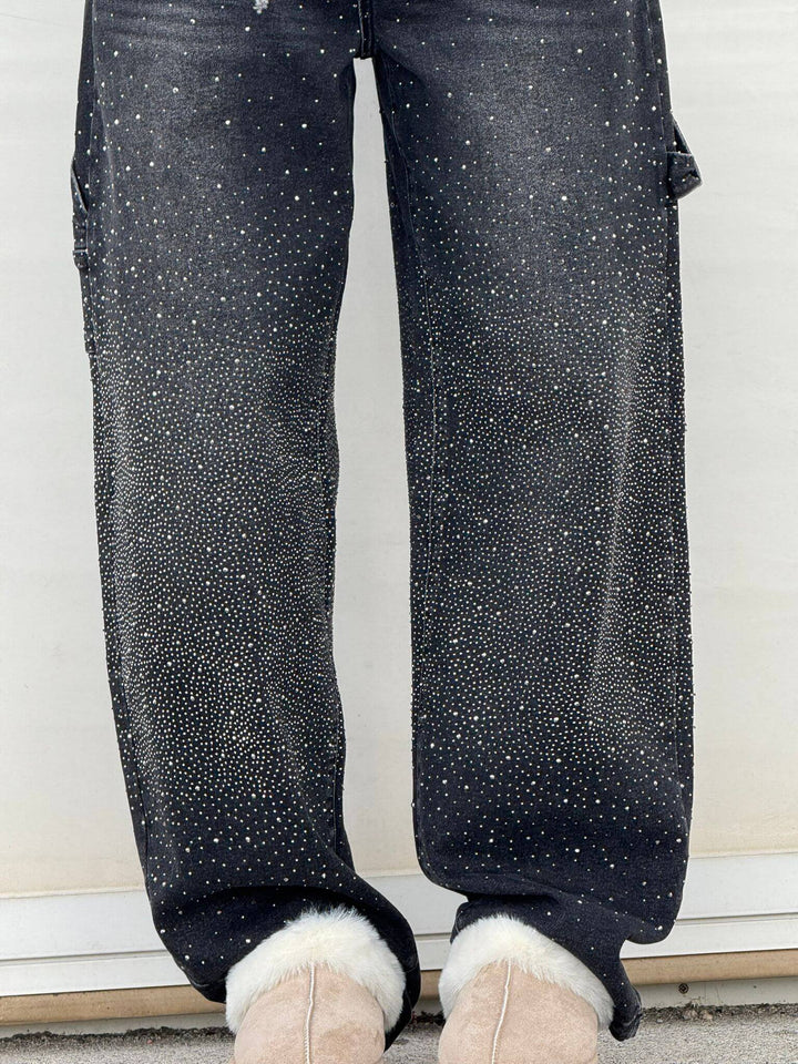 Kvinnors Högmidjade Rak Ben Jeans med Kristalldetaljer – Vintage Denim Look för Året Runt och Enkel Elegans