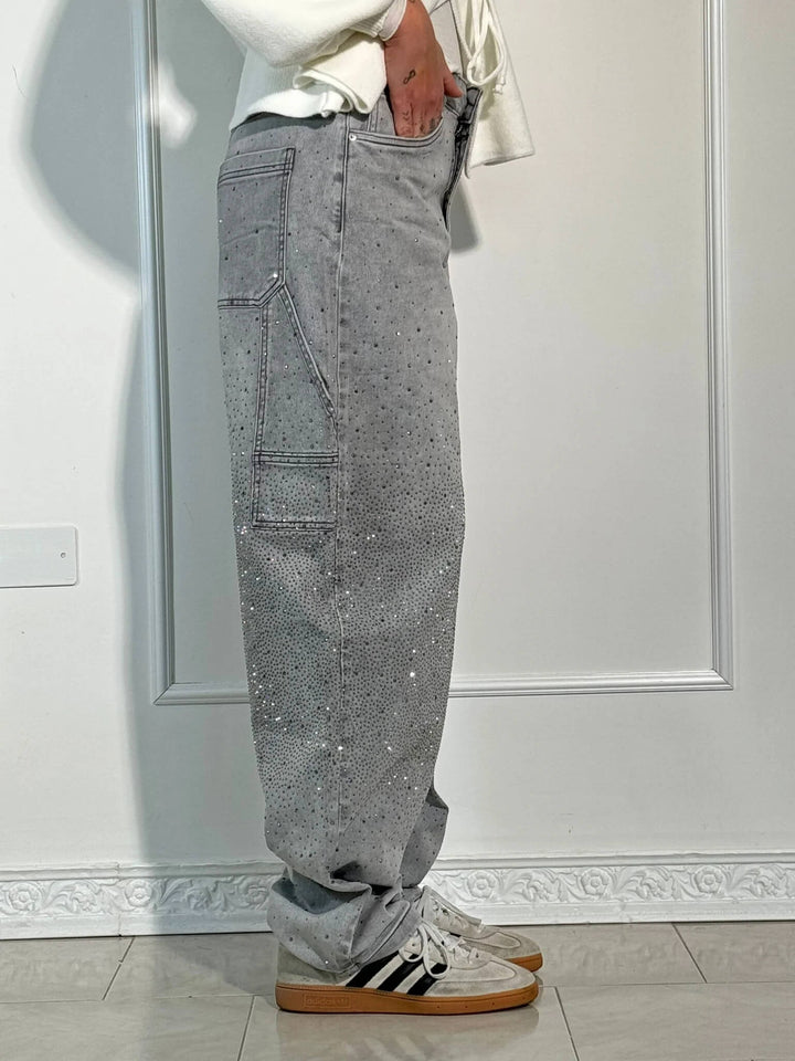 Kvinnors Högmidjade Rak Ben Jeans med Kristalldetaljer – Vintage Denim Look för Året Runt och Enkel Elegans