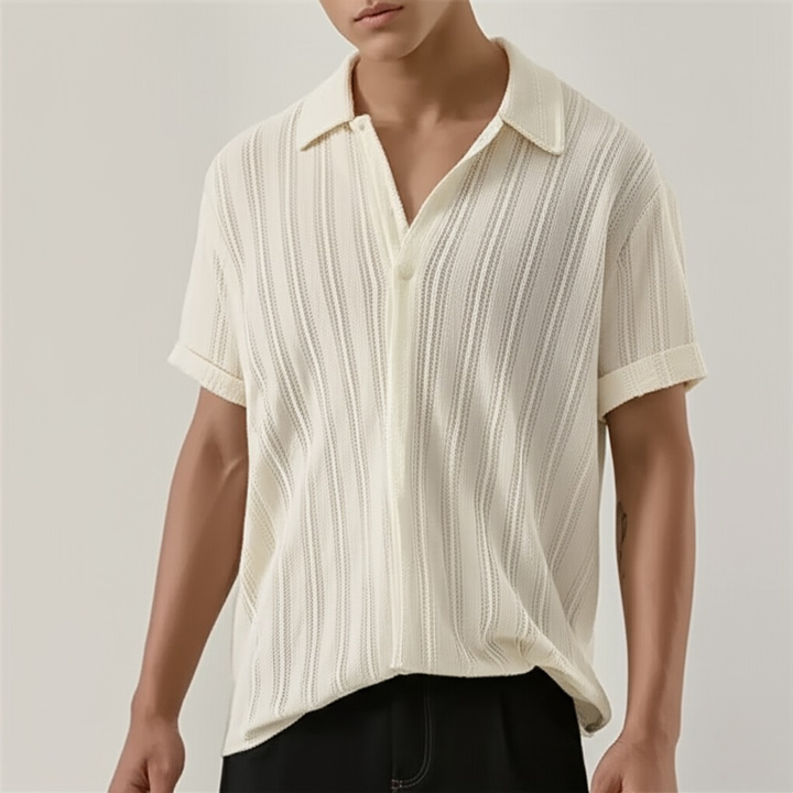 Herrstickad polo skjorta med texturerad vertikal rand, sommartopp