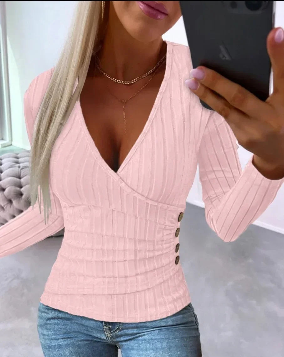 Kvinnors Ribbad Wrap V-Hals Fitted Långärmad Topp