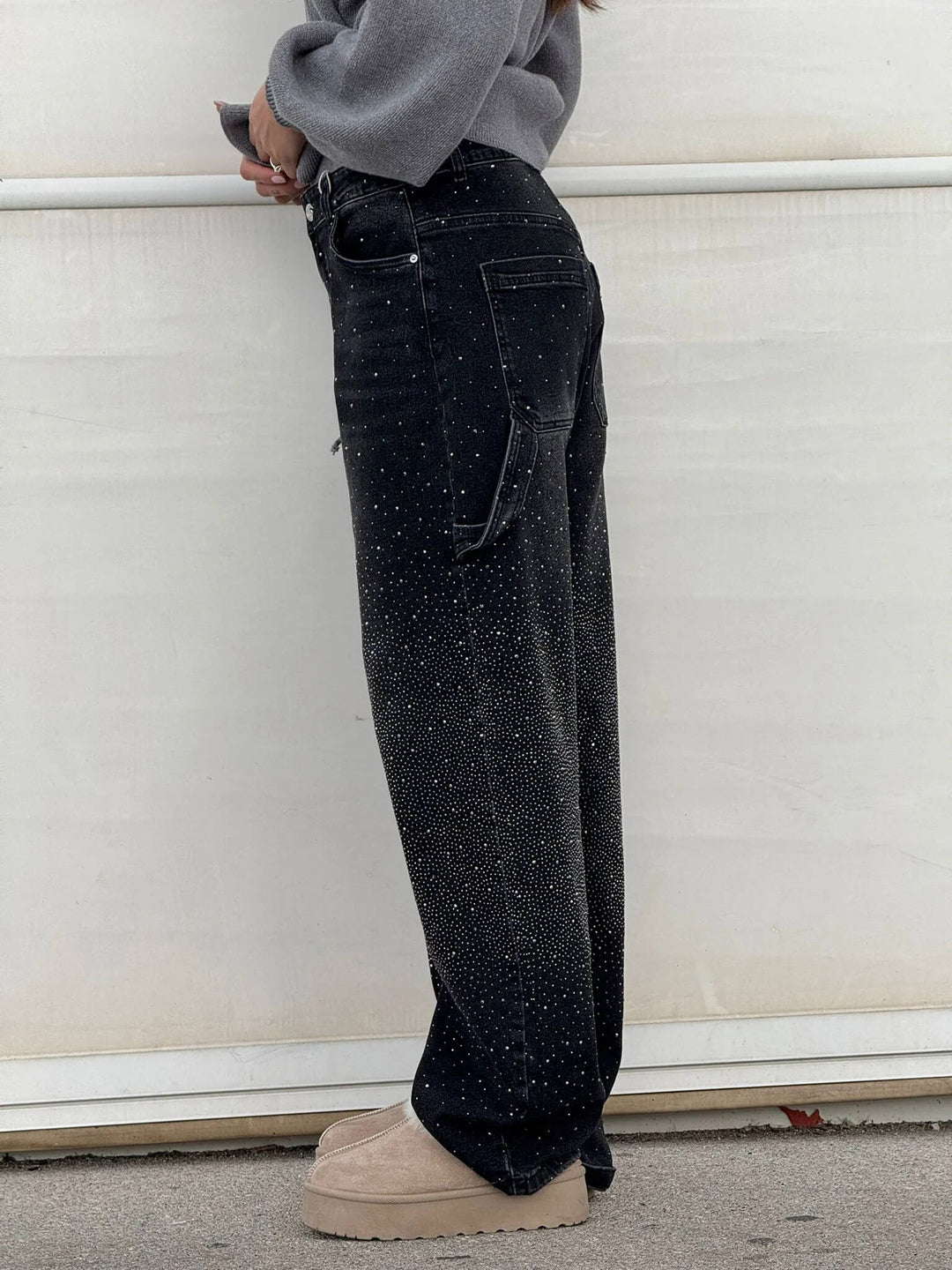 Kvinnors Högmidjade Rak Ben Jeans med Kristalldetaljer – Vintage Denim Look för Året Runt och Enkel Elegans