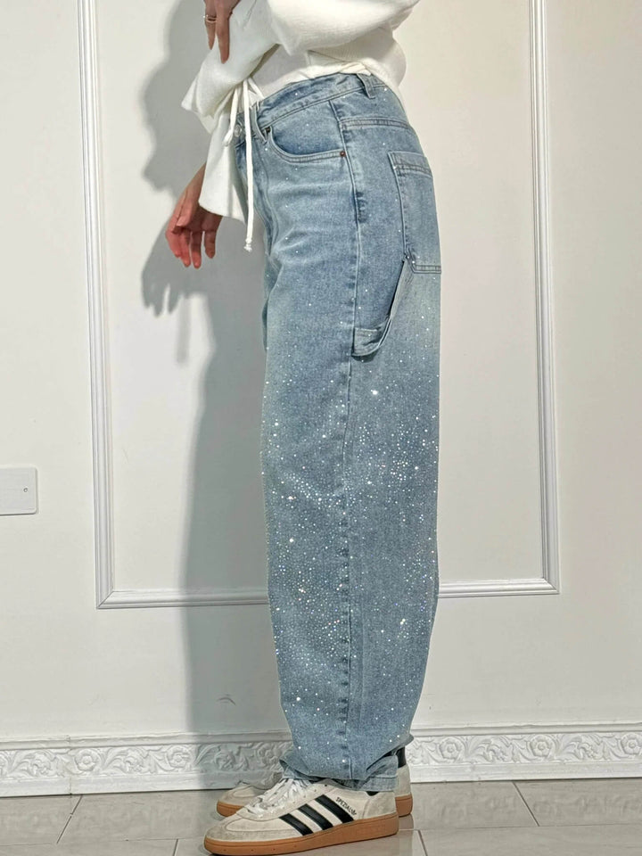 Kvinnors Högmidjade Rak Ben Jeans med Kristalldetaljer – Vintage Denim Look för Året Runt och Enkel Elegans