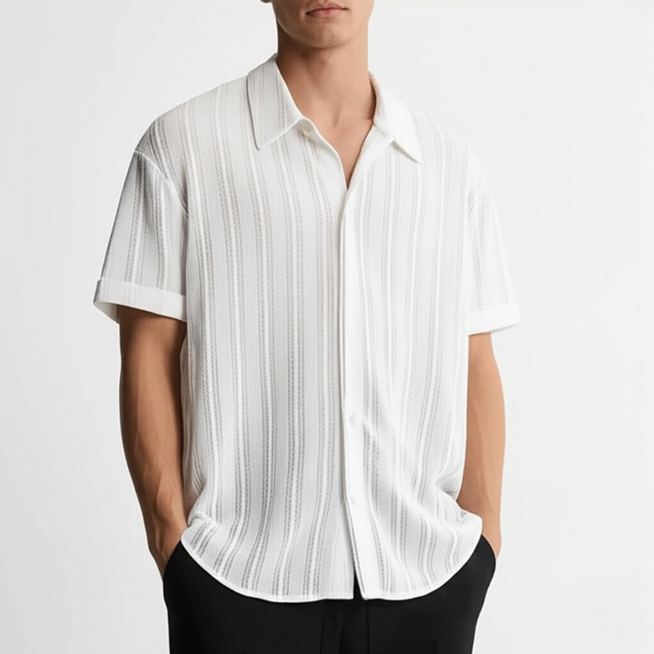 Herrstickad polo skjorta med texturerad vertikal rand, sommartopp