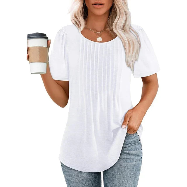 Kvinnors Plisserad Framsida Kort Ärmar Rund Hals T-Shirt