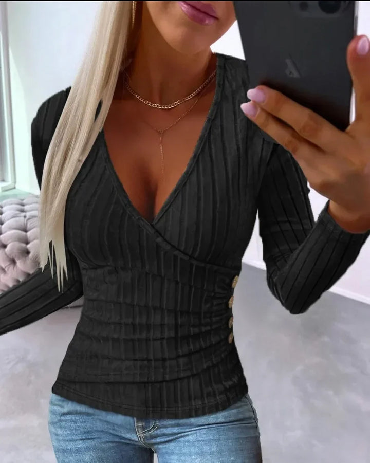 Kvinnors Ribbad Wrap V-Hals Fitted Långärmad Topp