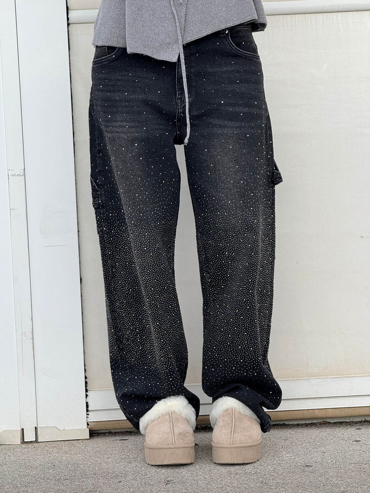 Kvinnors Högmidjade Rak Ben Jeans med Kristalldetaljer – Vintage Denim Look för Året Runt och Enkel Elegans