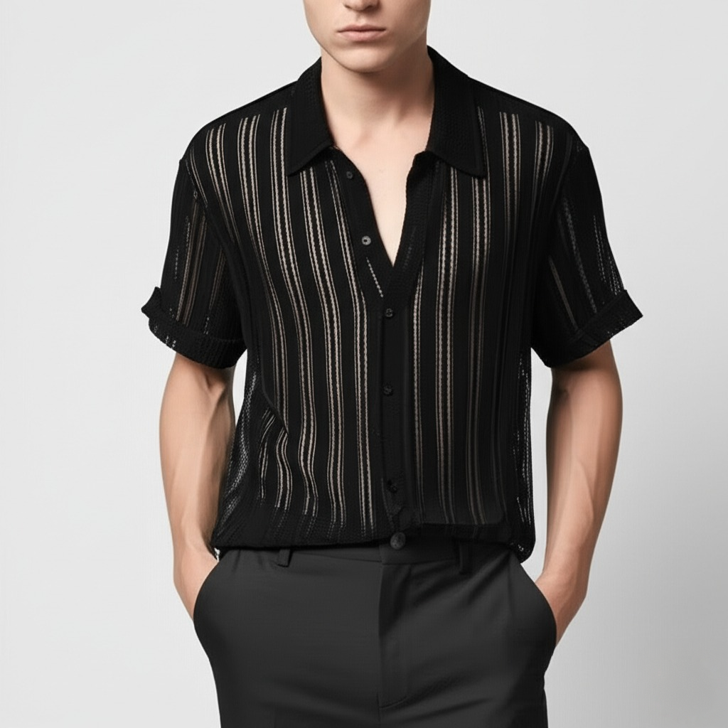 Herrstickad polo skjorta med texturerad vertikal rand, sommartopp