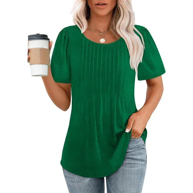 Kvinnors Plisserad Framsida Kort Ärmar Rund Hals T-Shirt
