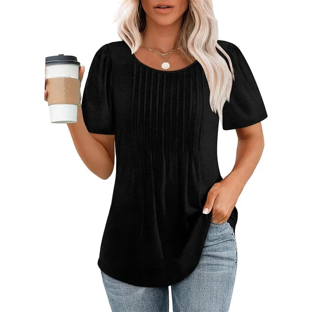 Kvinnors Plisserad Framsida Scoop Neck Kortärmad Topp