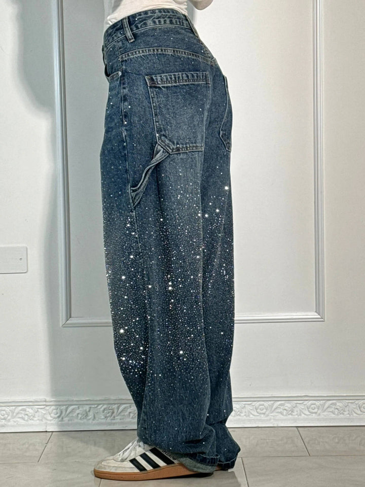 Kvinnors Högmidjade Rak Ben Jeans med Kristalldetaljer – Vintage Denim Look för Året Runt och Enkel Elegans
