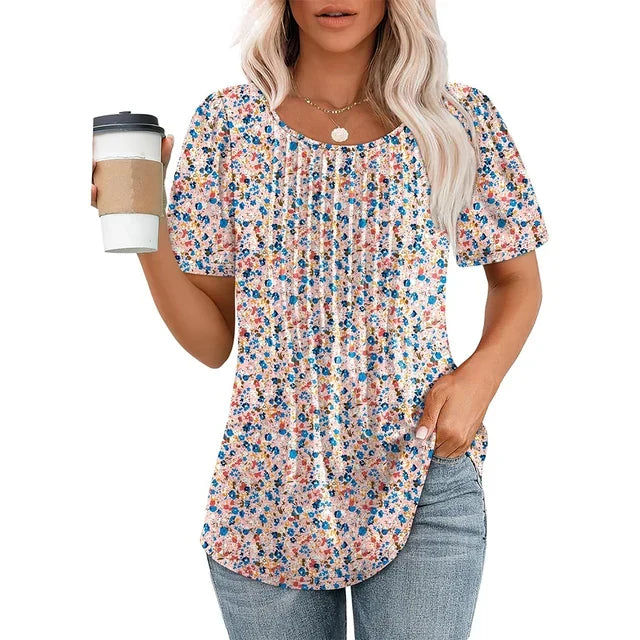 Kvinnors Plisserad Framsida Scoop Neck Kortärmad Topp