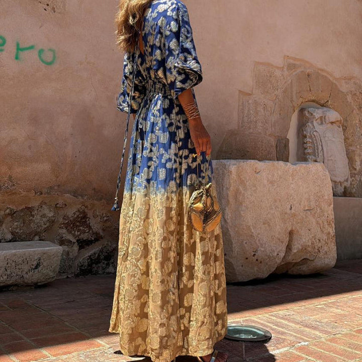 Kvinnors Guld Botanisk Ombre Maxi Kaftan Kvällsklänning