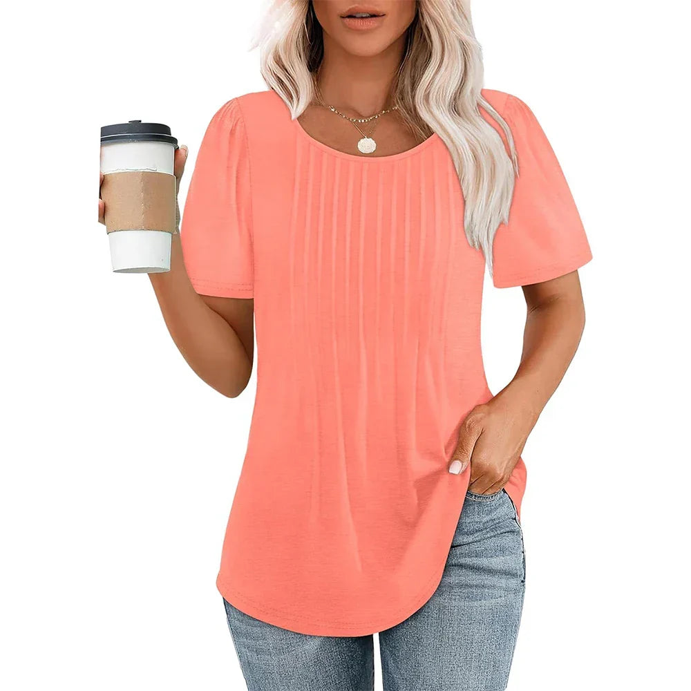 Kvinnors Plisserad Framsida Scoop Neck Kortärmad Topp