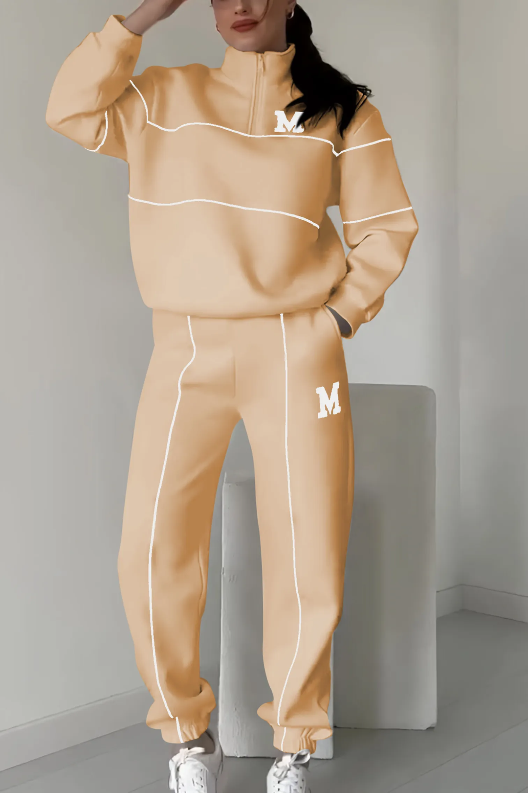 Kvinnors Zip Neck Träningsdräkt med Taperade Joggers