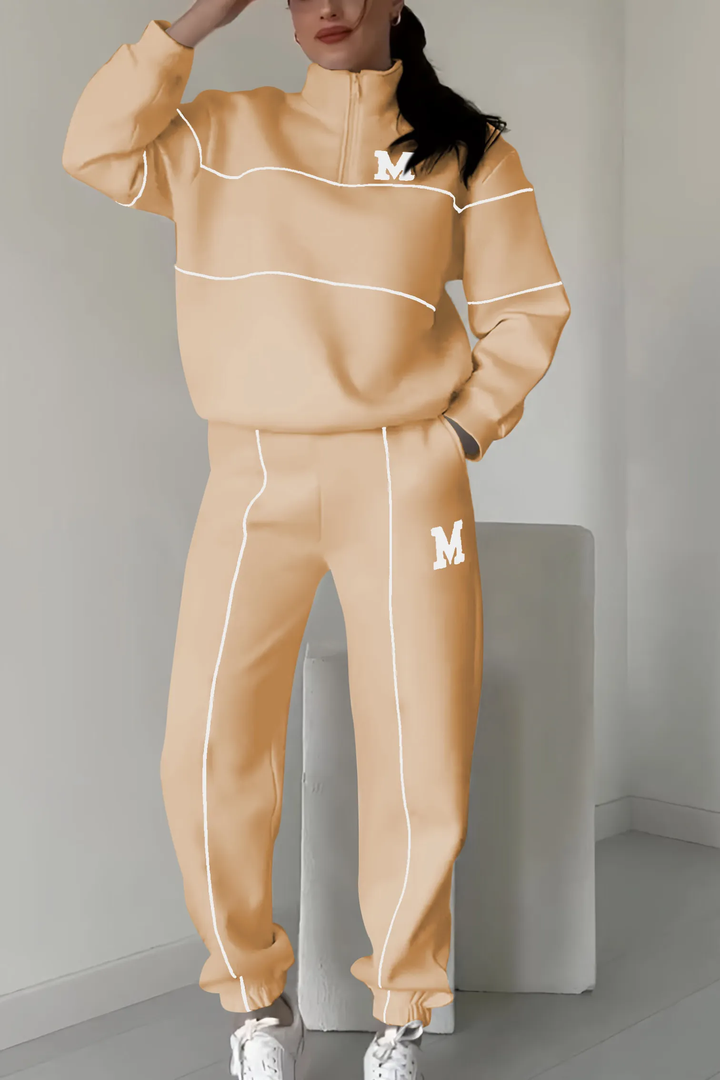 Kvinnors Zip Neck Träningsdräkt med Taperade Joggers