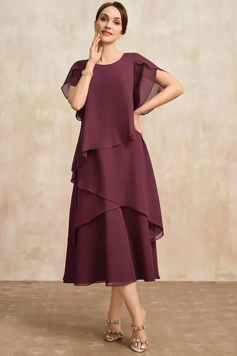 Kvinnors Lager Chiffon Midi Klänning – Flödande Sommar Stil med Korta Ärmar