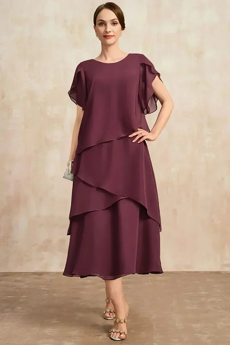 Kvinnors Lager Chiffon Midi Klänning – Flödande Sommar Stil med Korta Ärmar