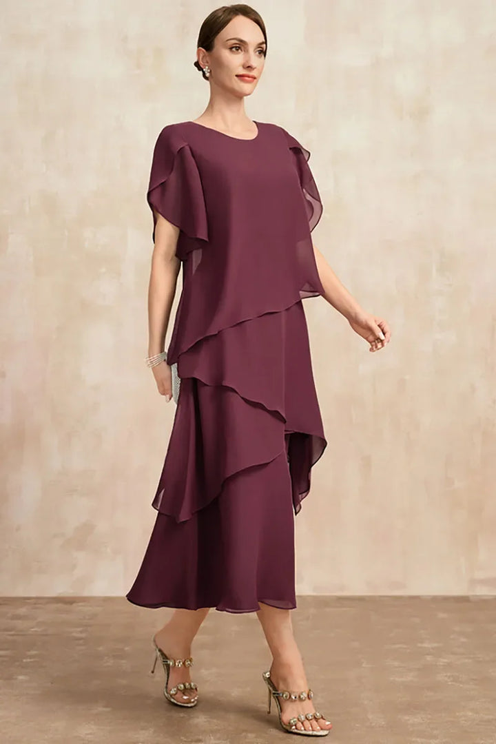 Kvinnors Lager Chiffon Midi Klänning – Flödande Sommar Stil med Korta Ärmar
