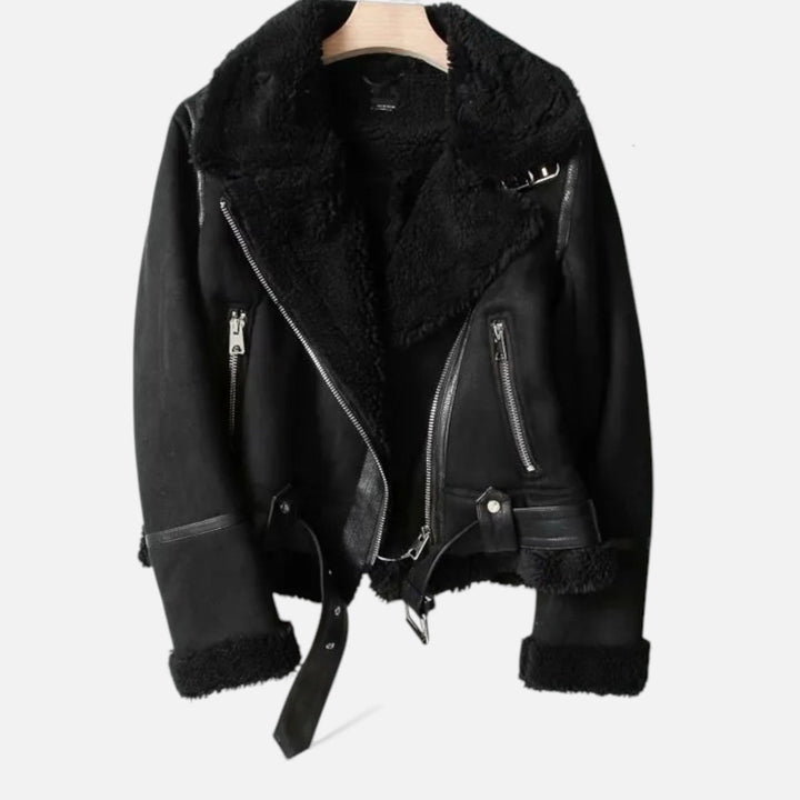 Valmonti | Damens Suede Lammull Kragejacka – Moto-Stil Kappa