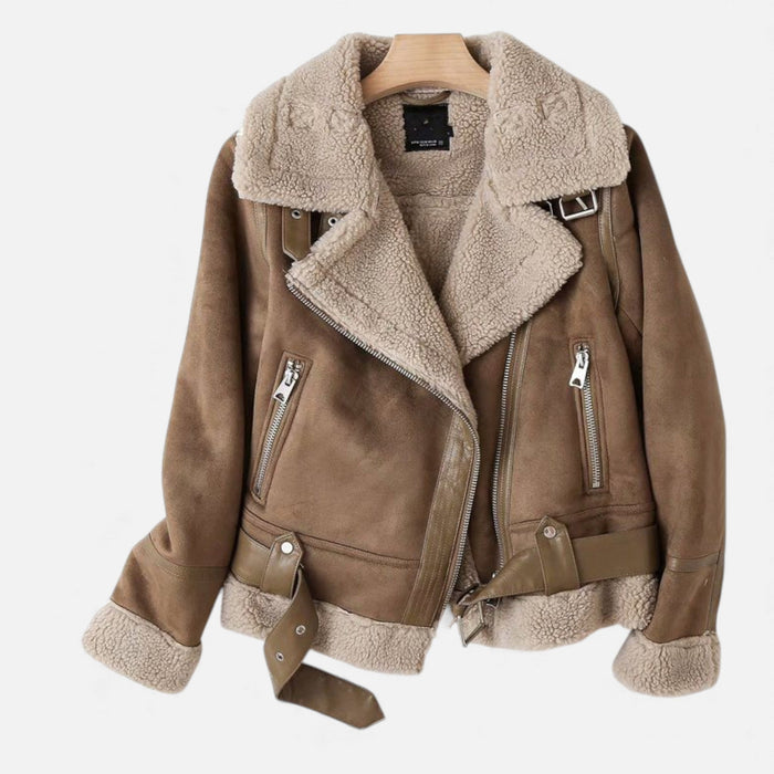 Valmonti | Damens Suede Lammull Kragejacka – Moto-Stil Kappa