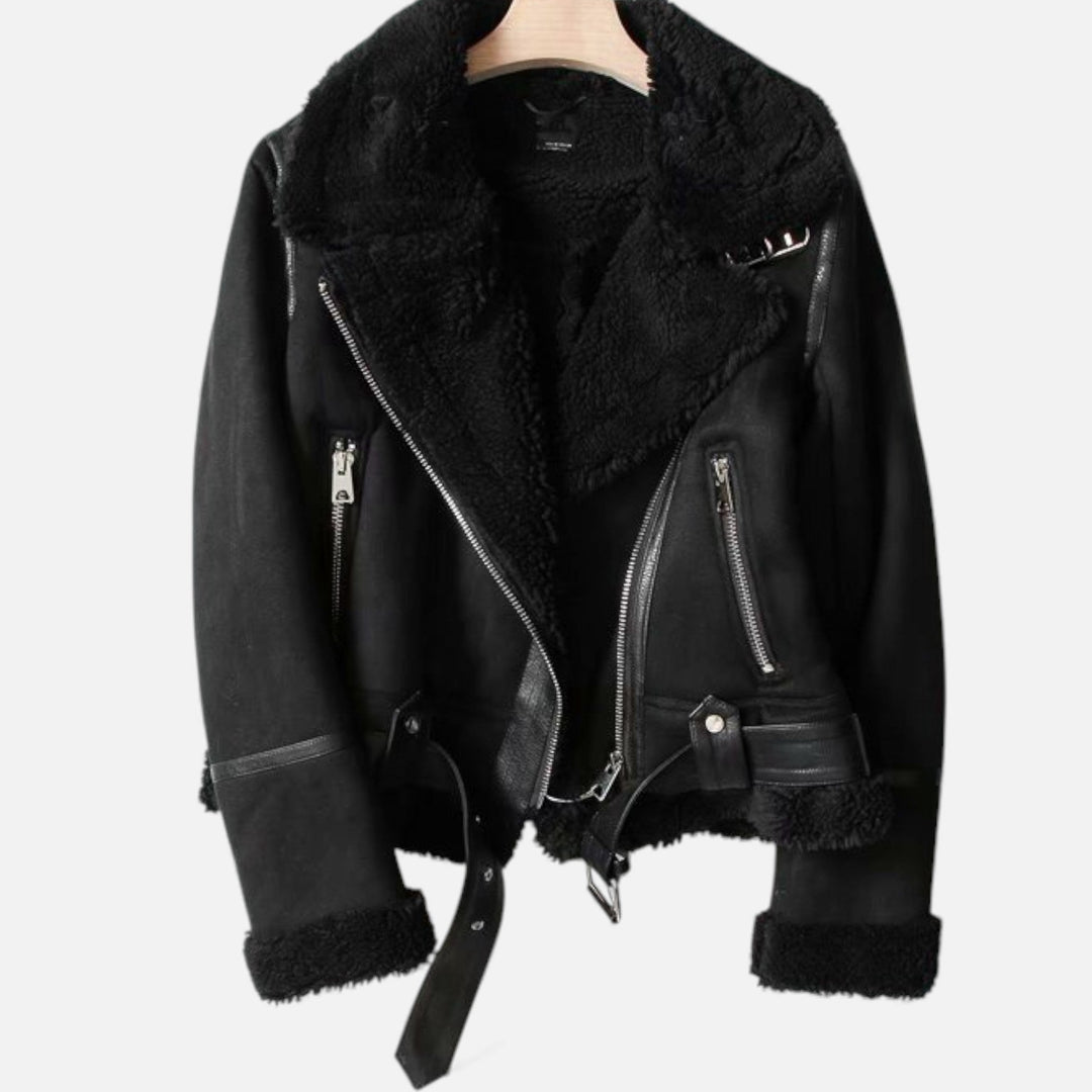 Valmonti | Damens Suede Lammull Kragejacka – Moto-Stil Kappa