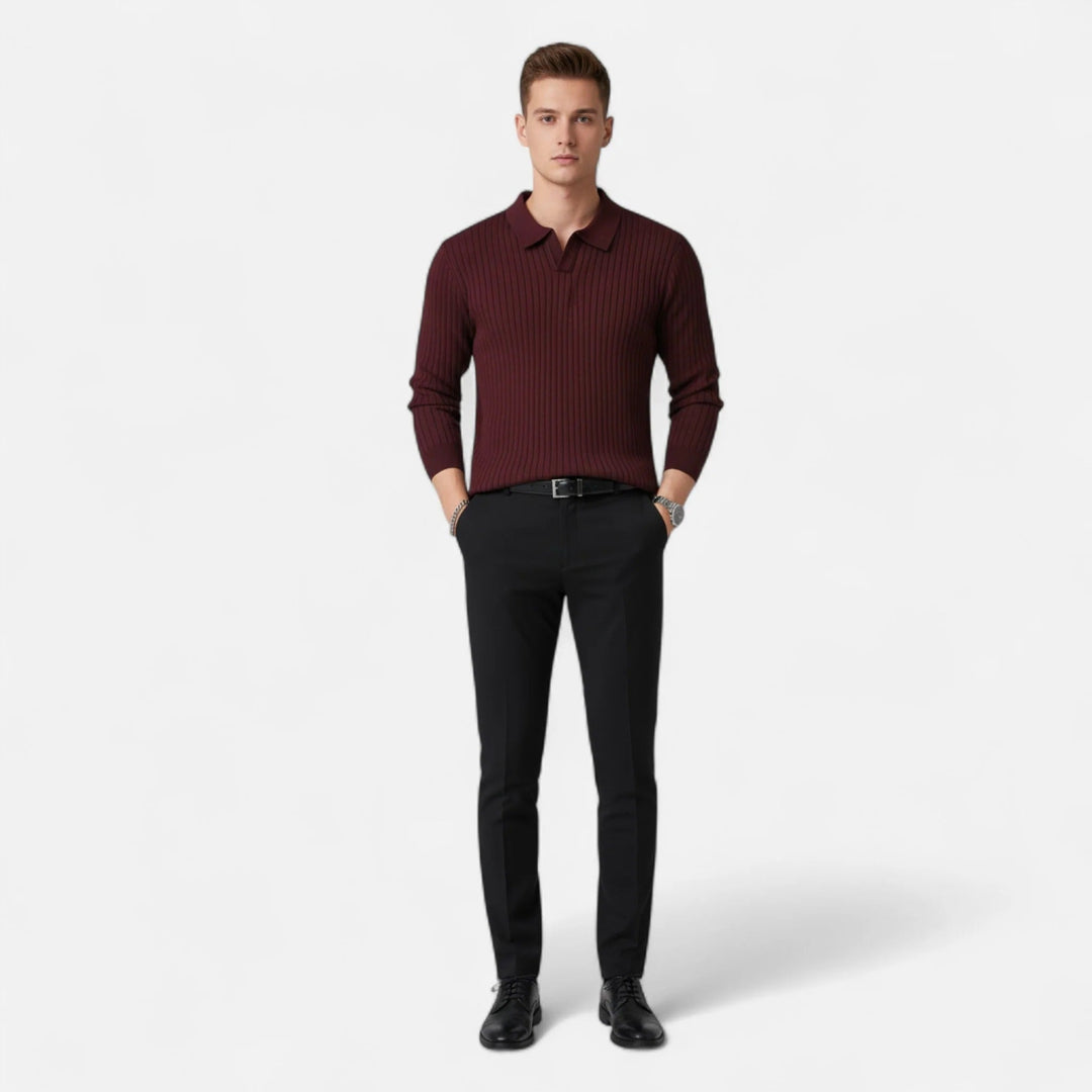 Herrarnas Ribbad Långärmad Polo T-shirt – Raffinerad Kragtop för Smart Casual Klädsel