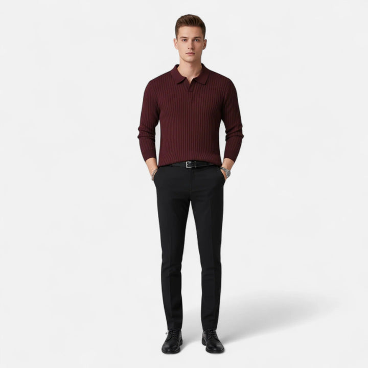 Herrarnas Ribbad Långärmad Polo T-shirt – Raffinerad Kragtop för Smart Casual Klädsel