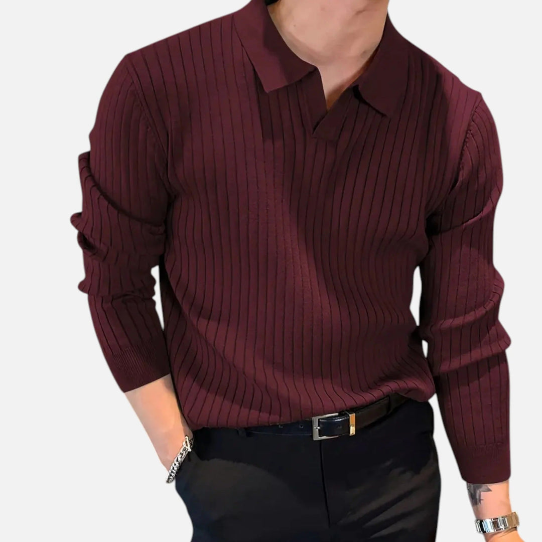 Herrarnas Ribbad Långärmad Polo T-shirt – Raffinerad Kragtop för Smart Casual Klädsel