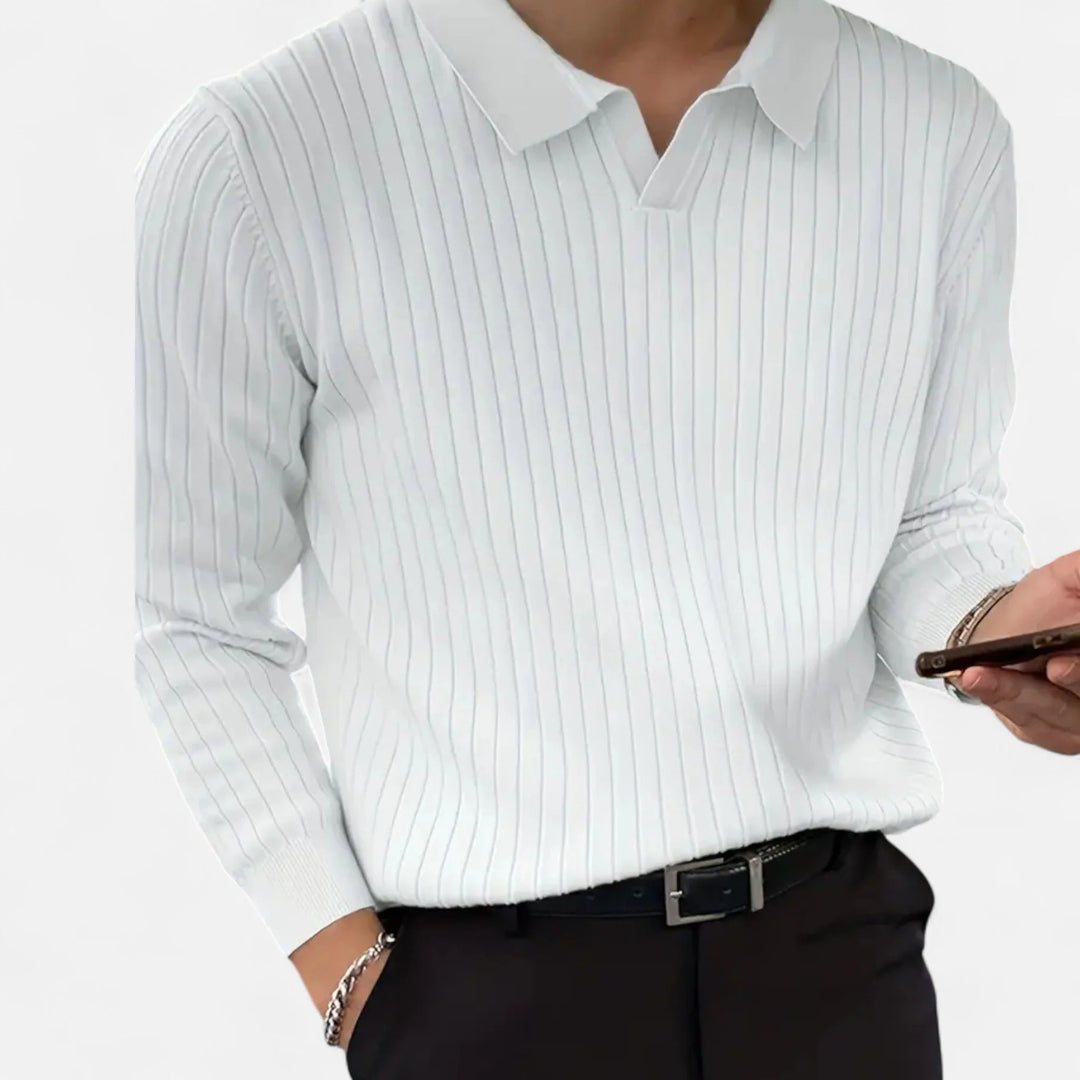 Herrarnas Ribbad Långärmad Polo T-shirt – Raffinerad Kragtop för Smart Casual Klädsel