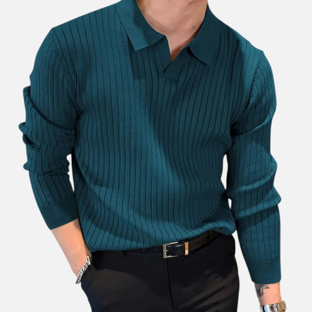 Herrarnas Ribbad Långärmad Polo T-shirt – Raffinerad Kragtop för Smart Casual Klädsel