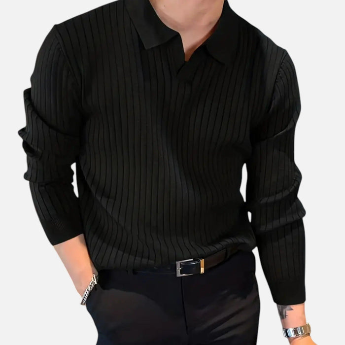 Herrarnas Ribbad Långärmad Polo T-shirt – Raffinerad Kragtop för Smart Casual Klädsel