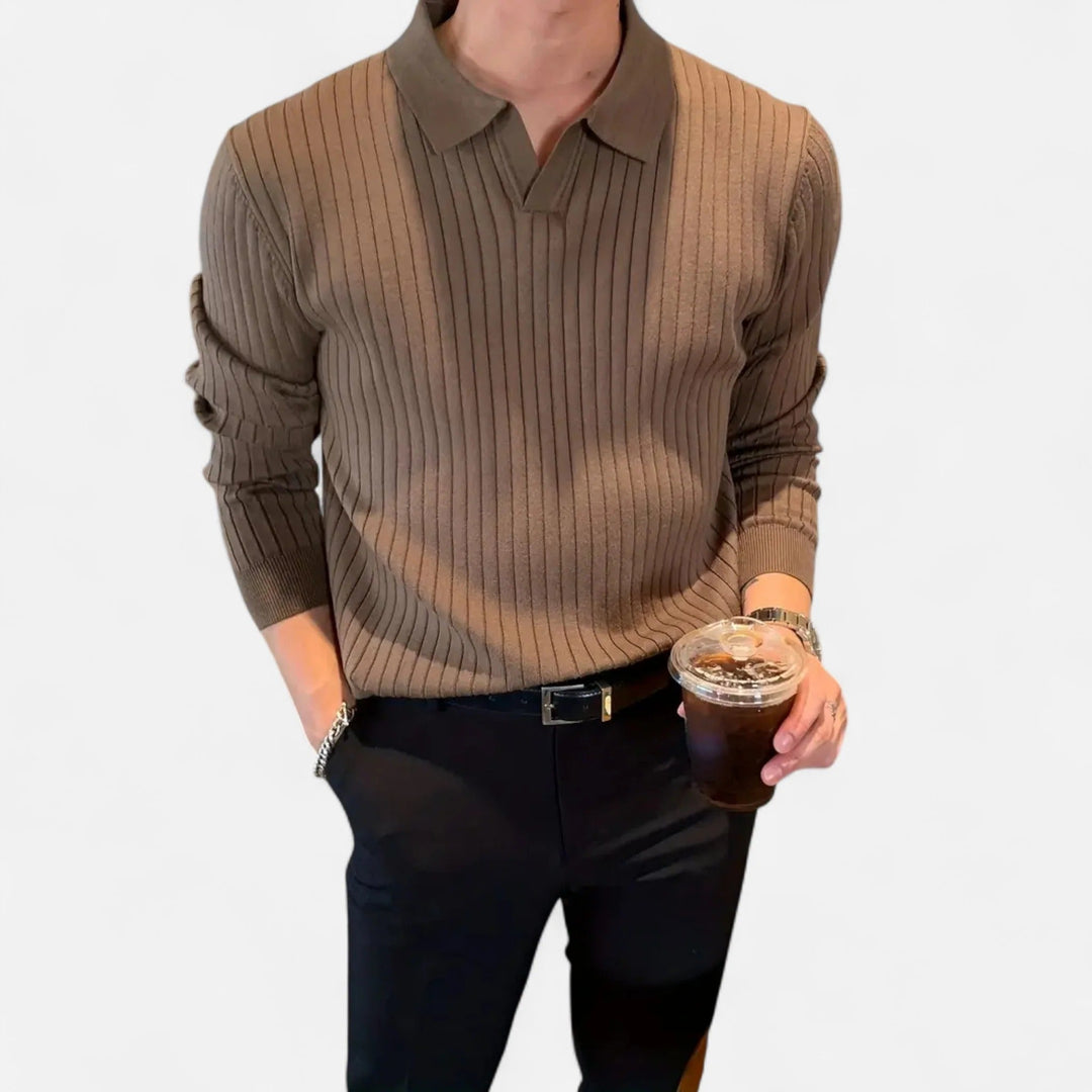 Herrarnas Ribbad Långärmad Polo T-shirt – Raffinerad Kragtop för Smart Casual Klädsel