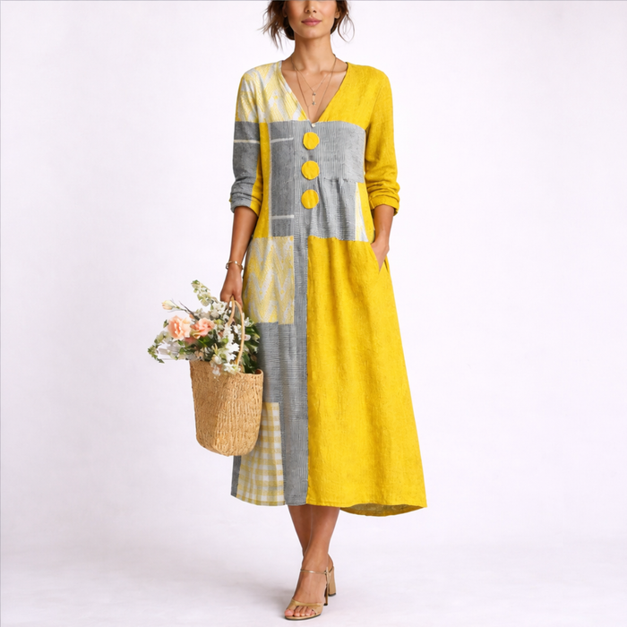 Kvinnors Patchwork Midi Klänning med Knappdetalj Avslappnad Passform