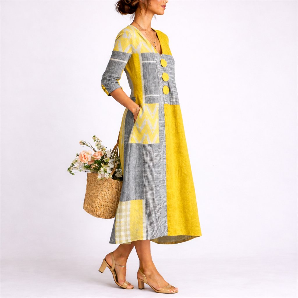 Kvinnors Patchwork Midi Klänning med Knappdetalj Avslappnad Passform