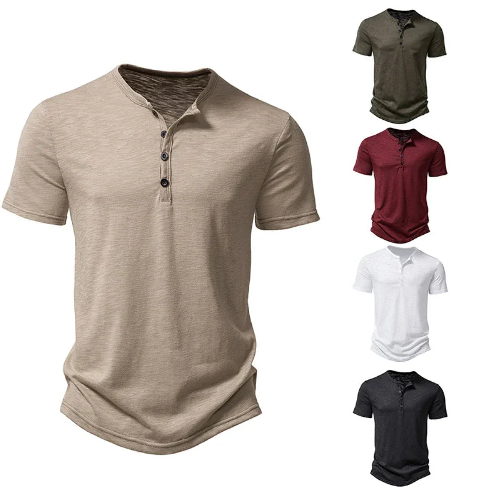 Herr Henley Neck T-shirt med Knappkrage - Avslappnad Slim Fit Bekväm Topp för Vardagsbruk med Korta Ärmar