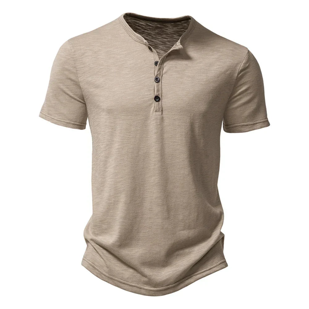 Herr Henley Neck T-shirt med Knappkrage - Avslappnad Slim Fit Bekväm Topp för Vardagsbruk med Korta Ärmar