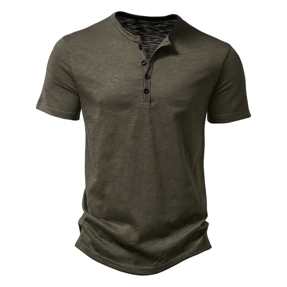 Herr Henley Neck T-shirt med Knappkrage - Avslappnad Slim Fit Bekväm Topp för Vardagsbruk med Korta Ärmar